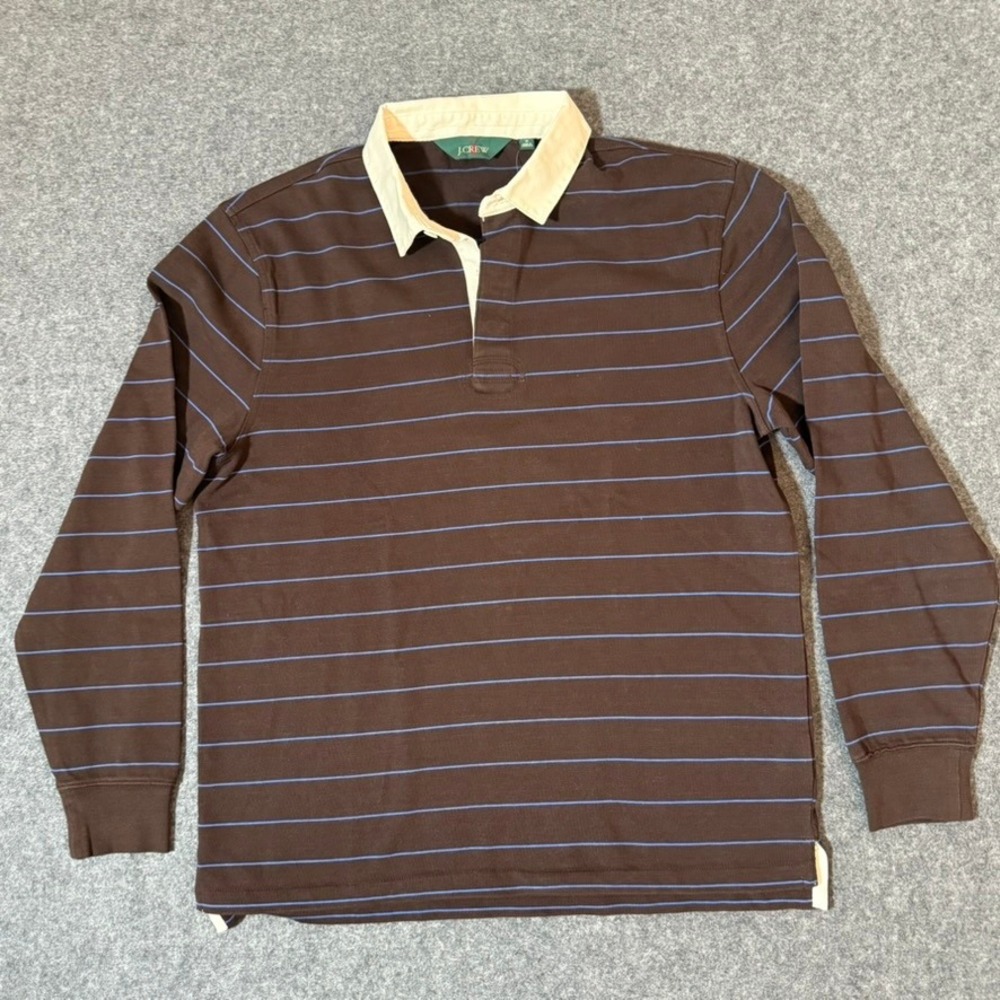 J.Crew Mens Long Sleeve Striped Rugby Shirt Brown Blue Size M NWT Preppy Lux - Picture 1 of 10